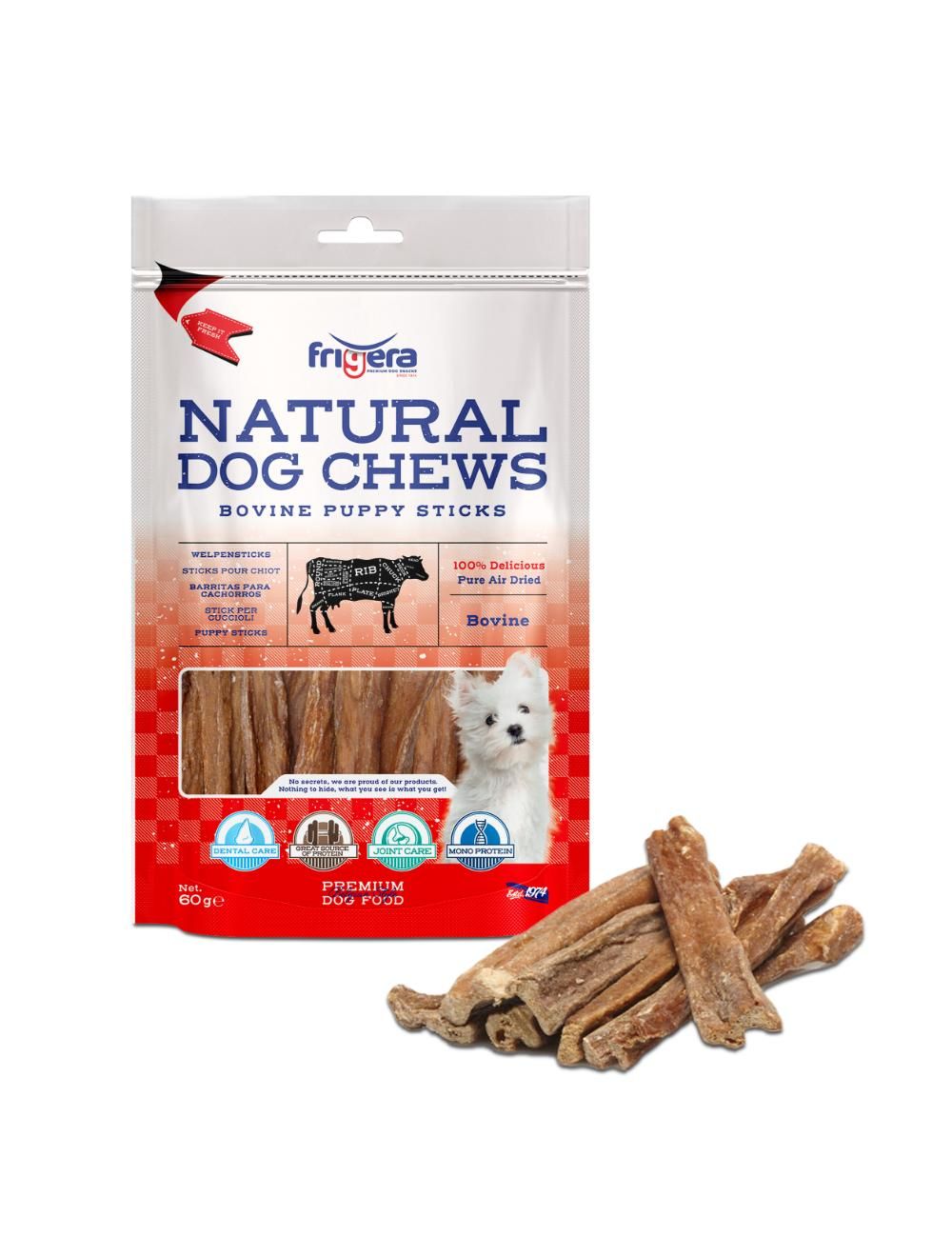 Frigera Natural Dog Chews Puppy Sticks 60 g, pose forfra med hvalpepinde ved siden af