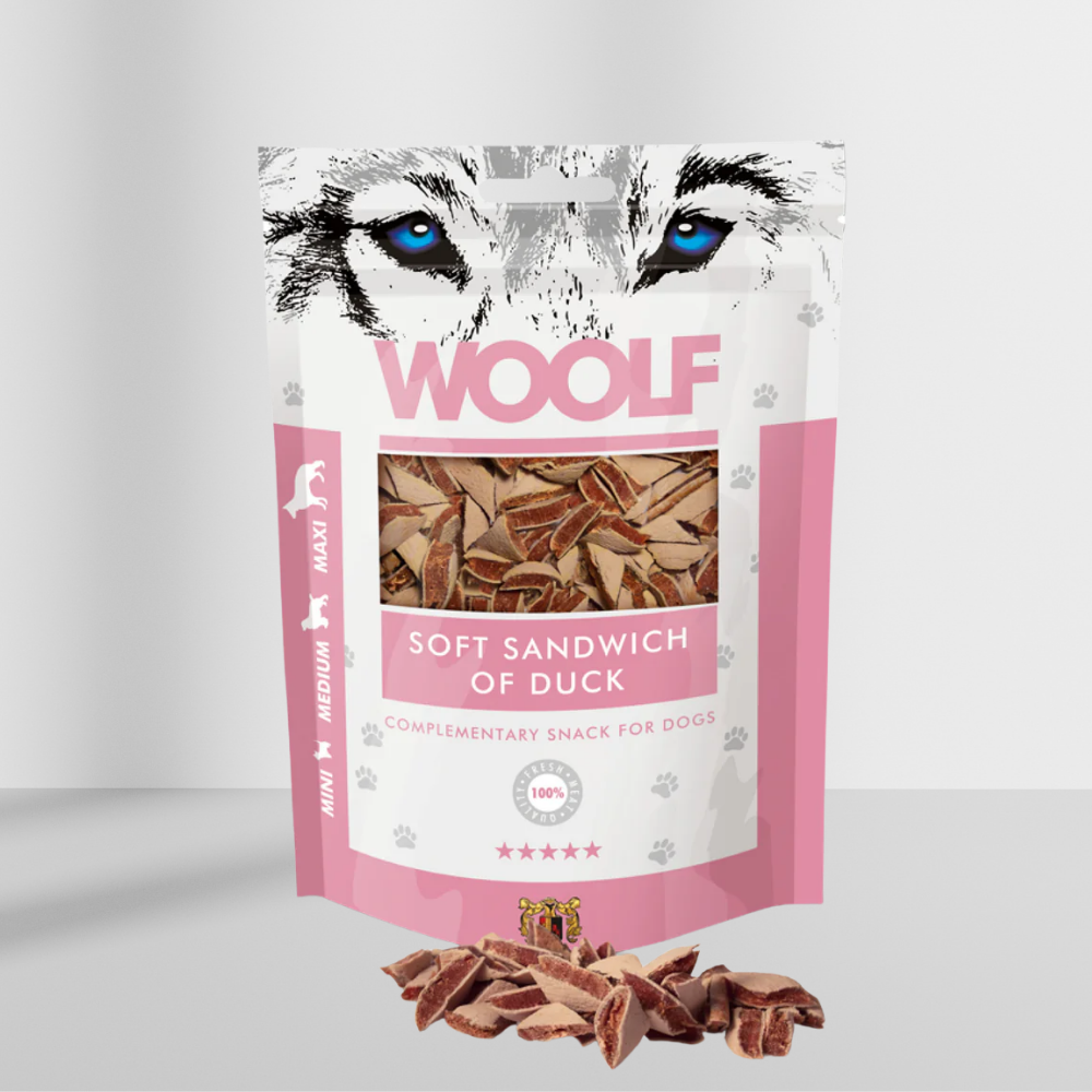 Woolf Soft Sandwich And 100 g, bløde godbidder med and og torsk