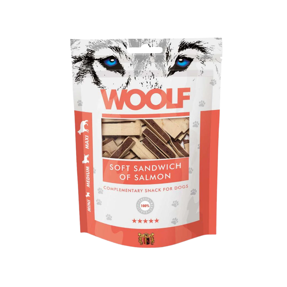 Woolf Soft Sandwich of Salmon godbidder til hund og kat, 100 g pose set forfra