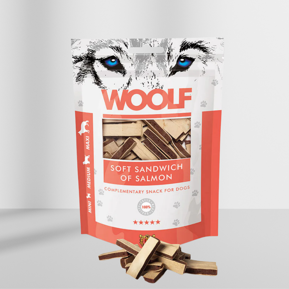 Woolf Soft Sandwich Laks 100 g, bløde godbidder med laks og torsk