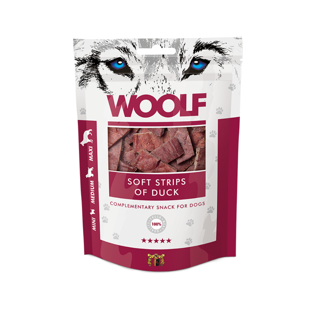 Woolf Soft Strips of Duck godbidder til hund og kat, 100 g pose set forfra