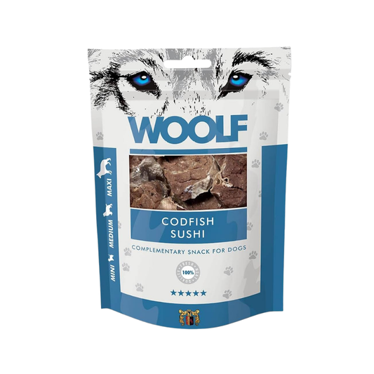 Woolf Torsk Sushi 100 g, godbidder til hunde, posen set forfra