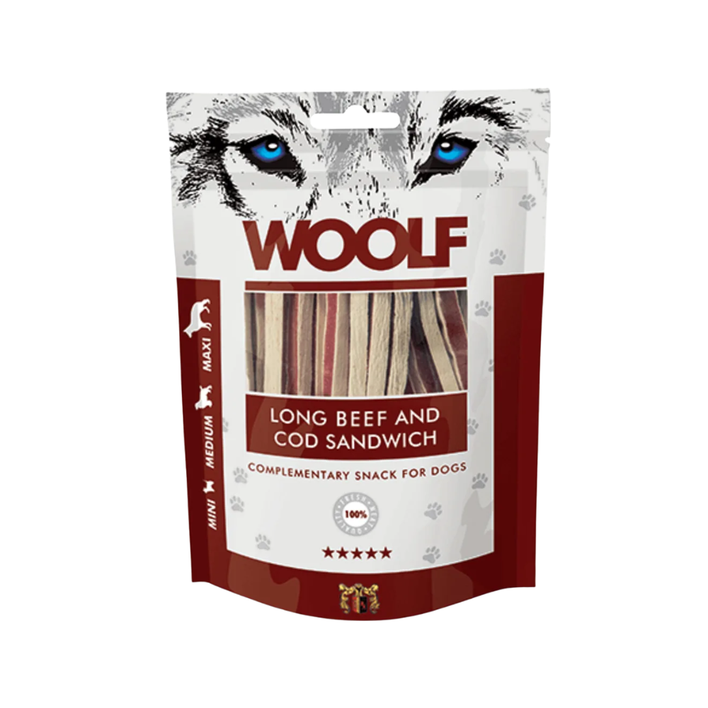 Woolf Lang Okse & Torsk Sandwich 100 g, godbidder til hunde, posen set forfra