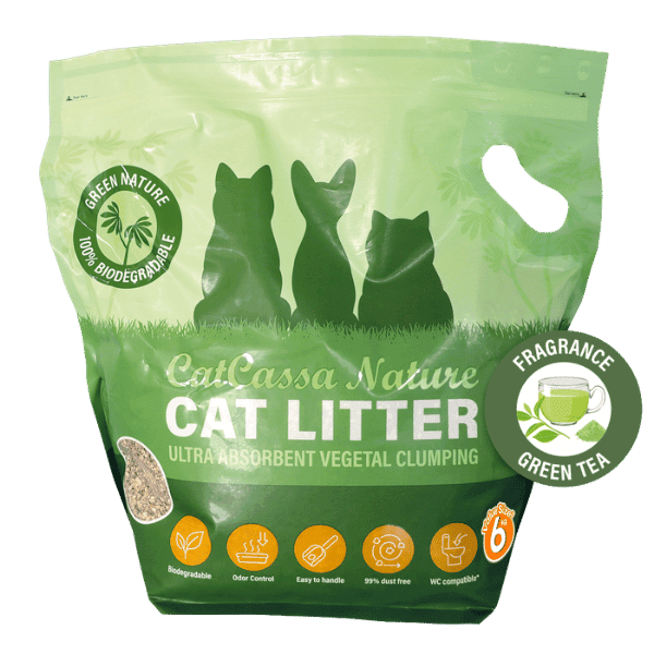 CatCassa Nature kattegrus med duft af grøn te, 6 kg, posen set forfra