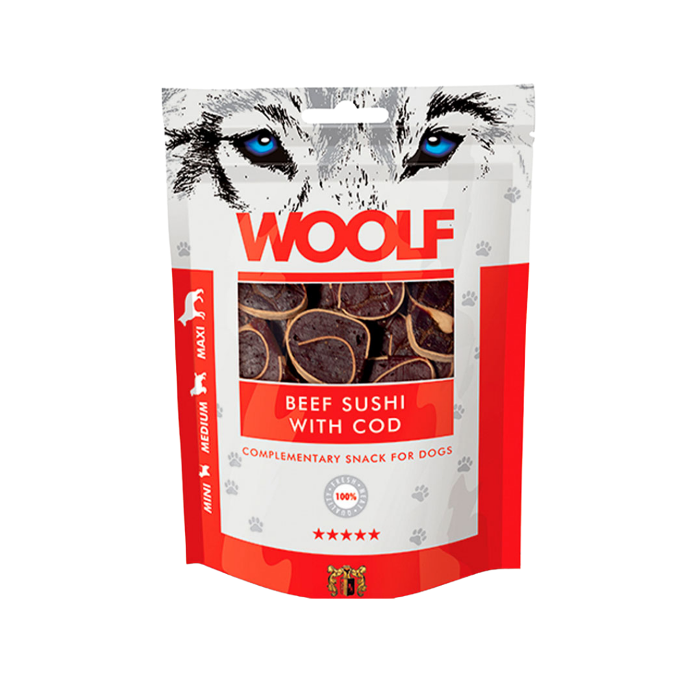 Woolf Okse Sushi med Torsk 100 g, godbidder til hunde, posen set forfra
