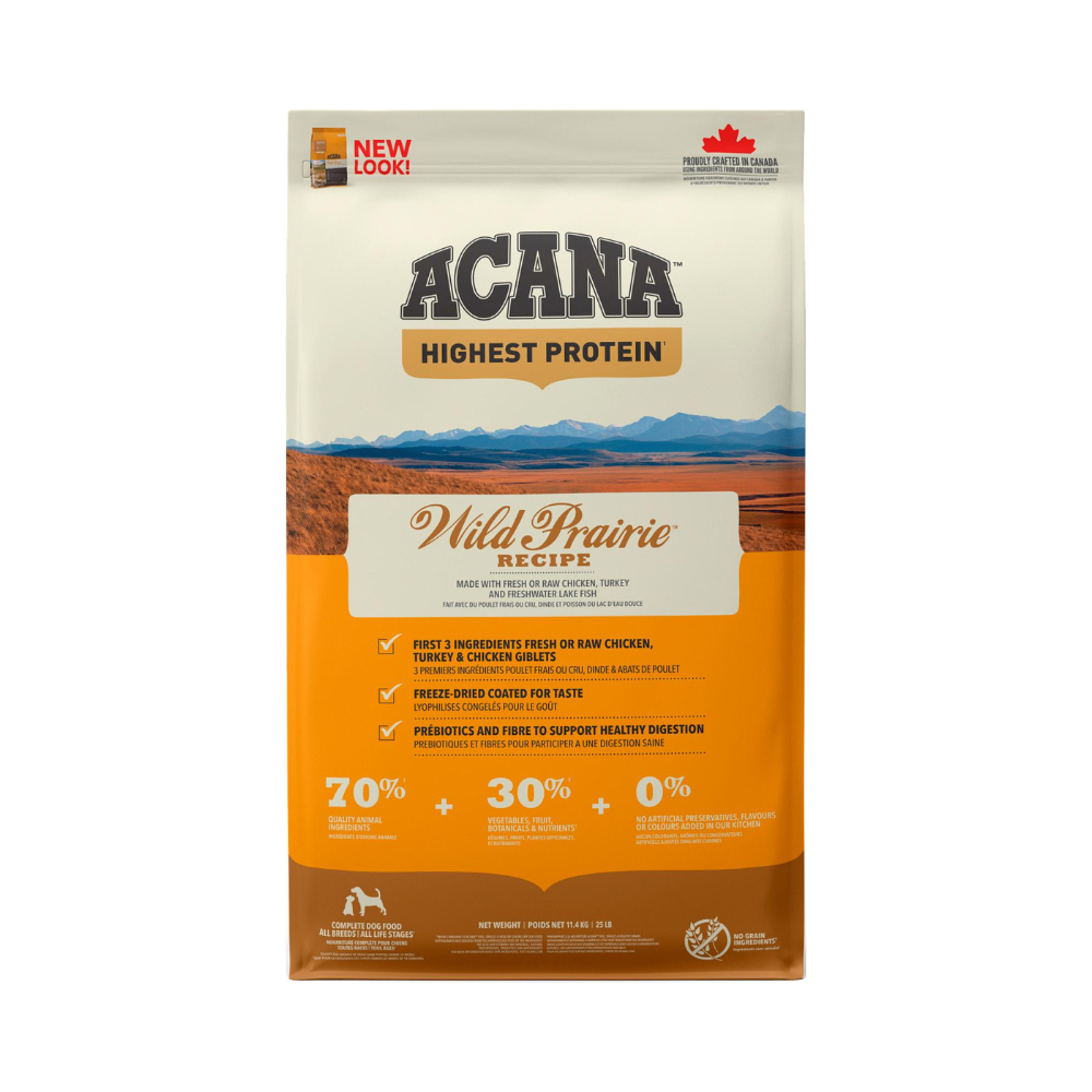 ACANA Wild Prairie tørfoder til hunde med kylling, kalkun og fisk, 11,4 kg pose set forfra