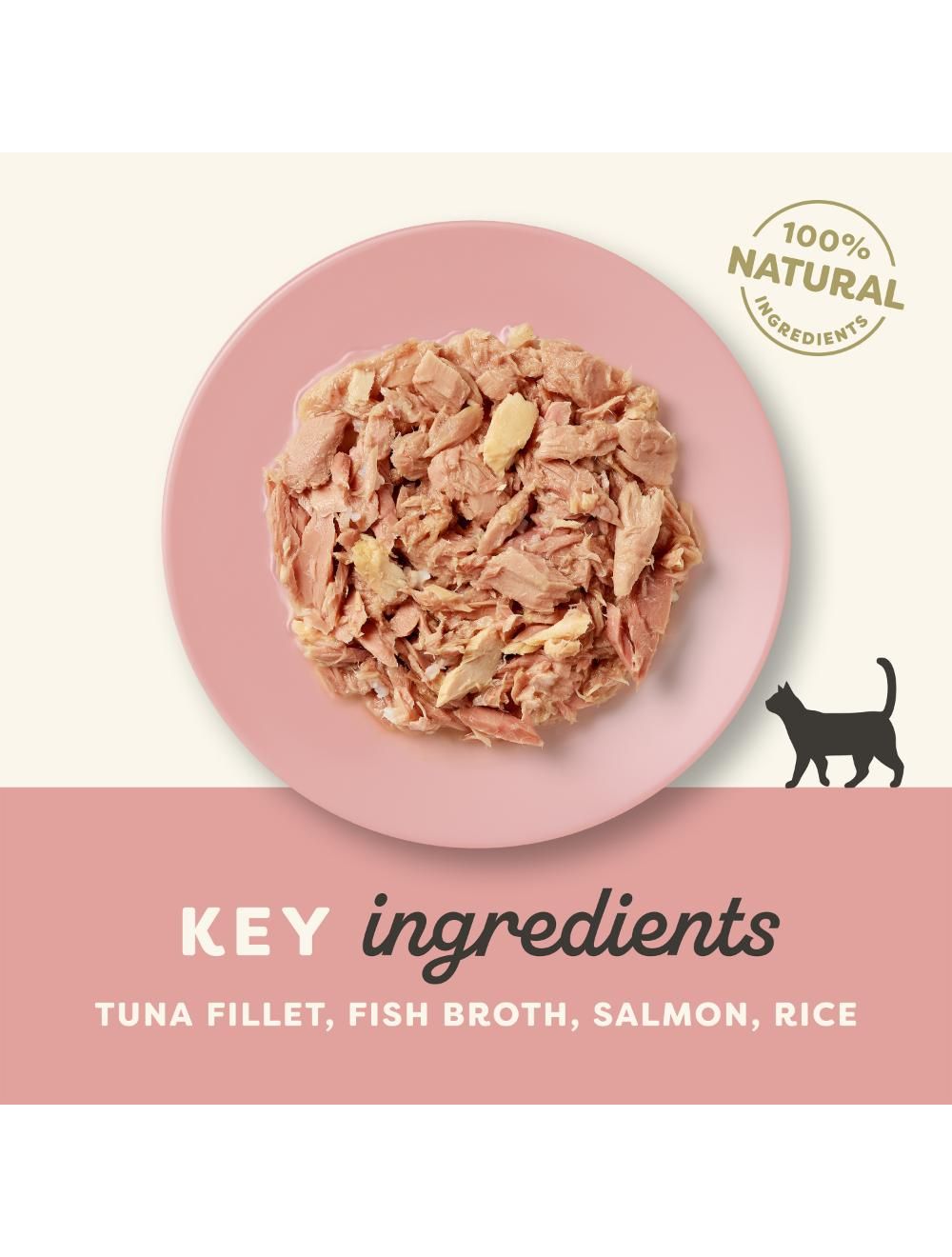 Applaws Tunfilet & laks i bouillon 70 g pose, bagside med ingredienser