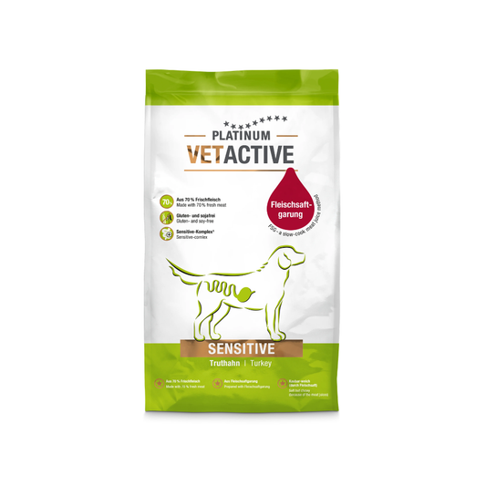 PLATINUM Vetactive Sensitive tørfoder til hunde med 70 % frisk kalkun, pose set forfra