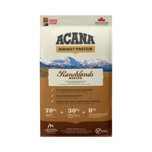 ACANA Ranchlands tørfoder til hunde med okse, lam og svin, 11,4 kg pose set forfra