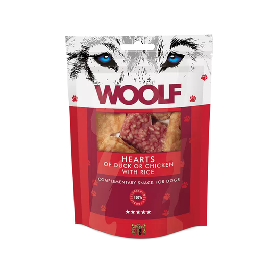 Woolf Hjerter af And eller Kylling med Ris 100 g, godbidder til hunde, posen set forfra