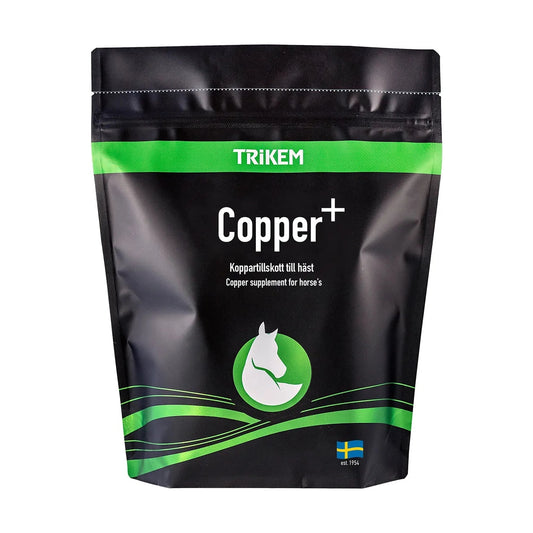Trikem Copper+ 900 g, mineraltilskud med kobber, zink og mangan til heste, pose set forfra