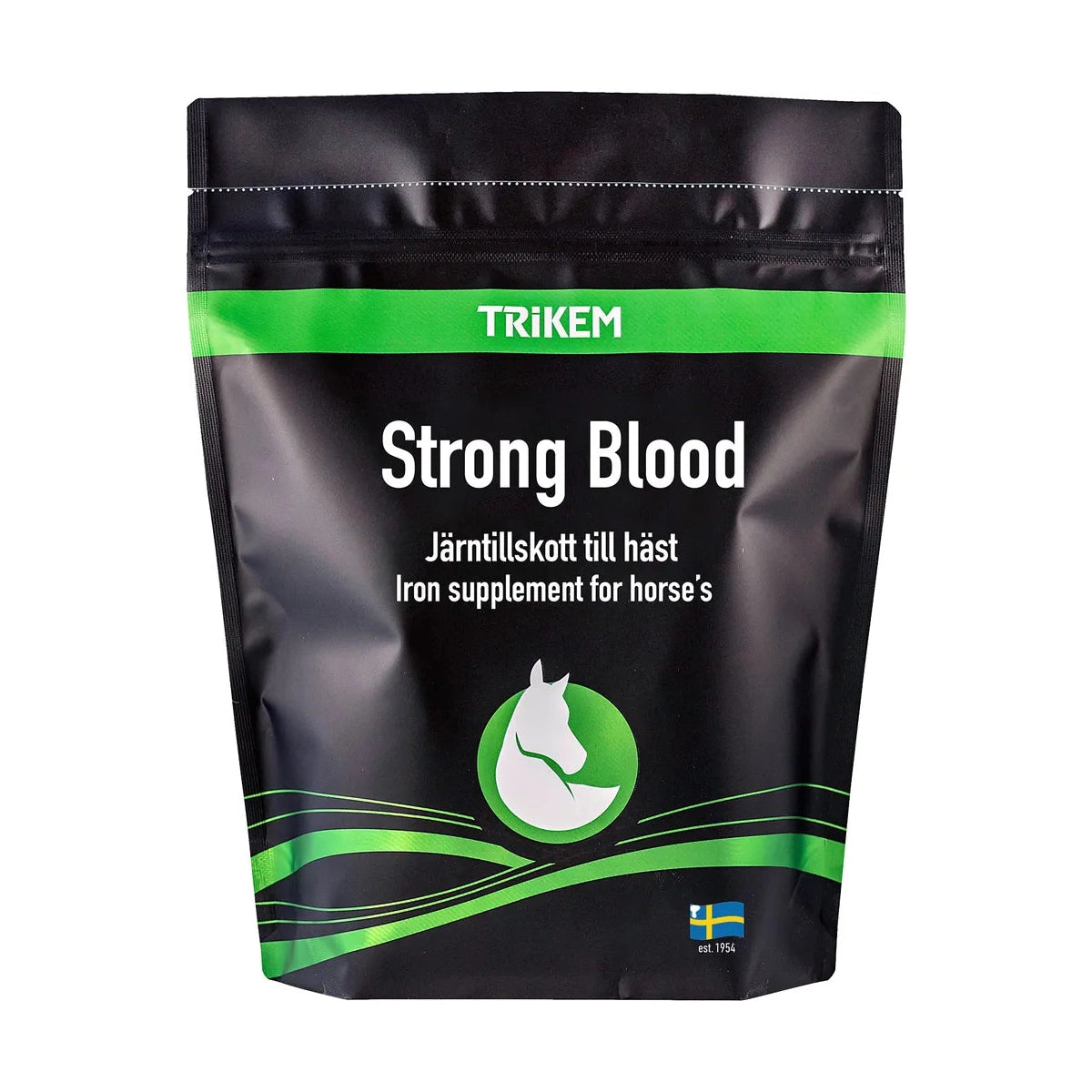 Trikem Strong Blood 900 g, jerntilskud i pulverform til heste, pakning set forfra