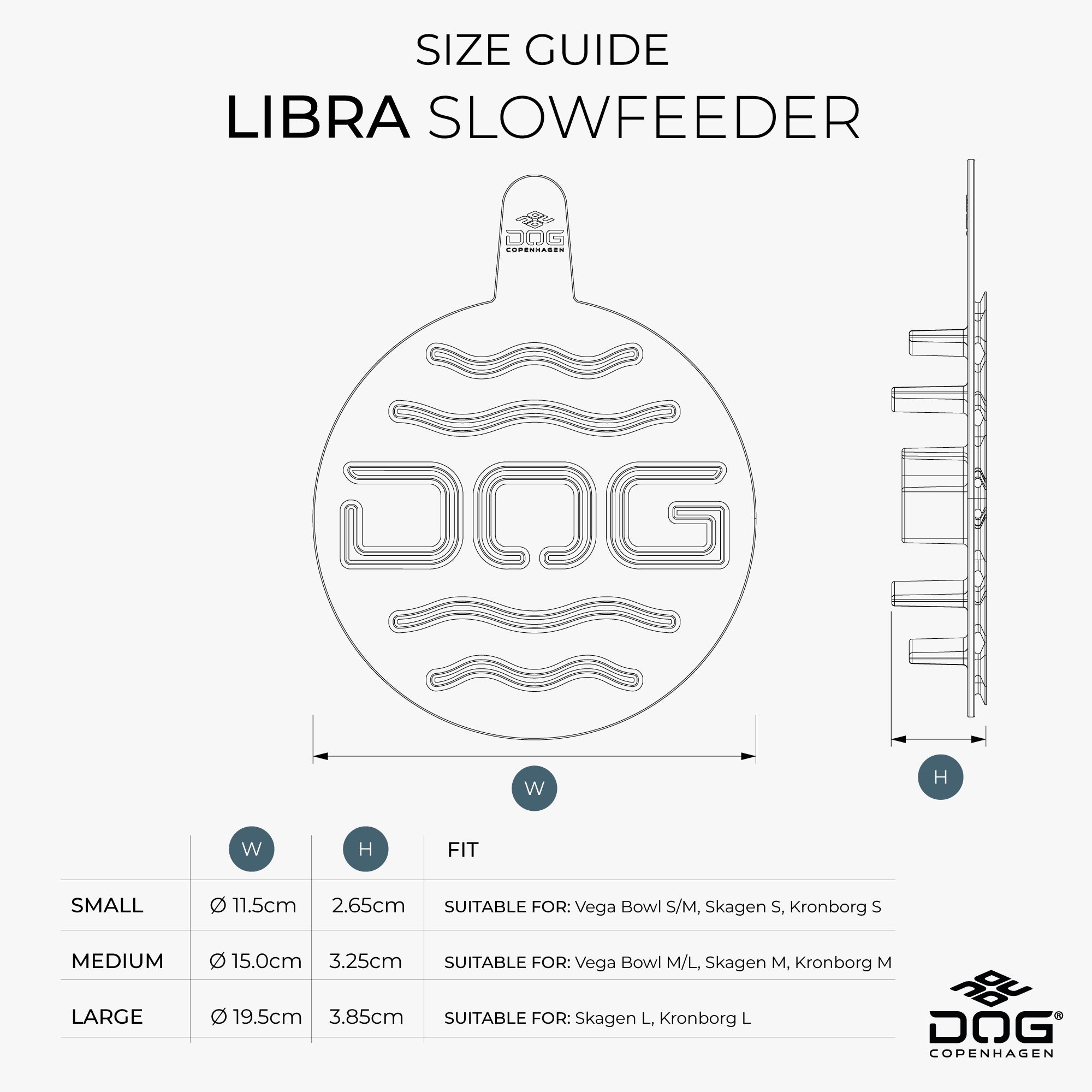 DOG Copenhagen Libra Slowfeeder, størrelsesguide med mål for hver størrelse
