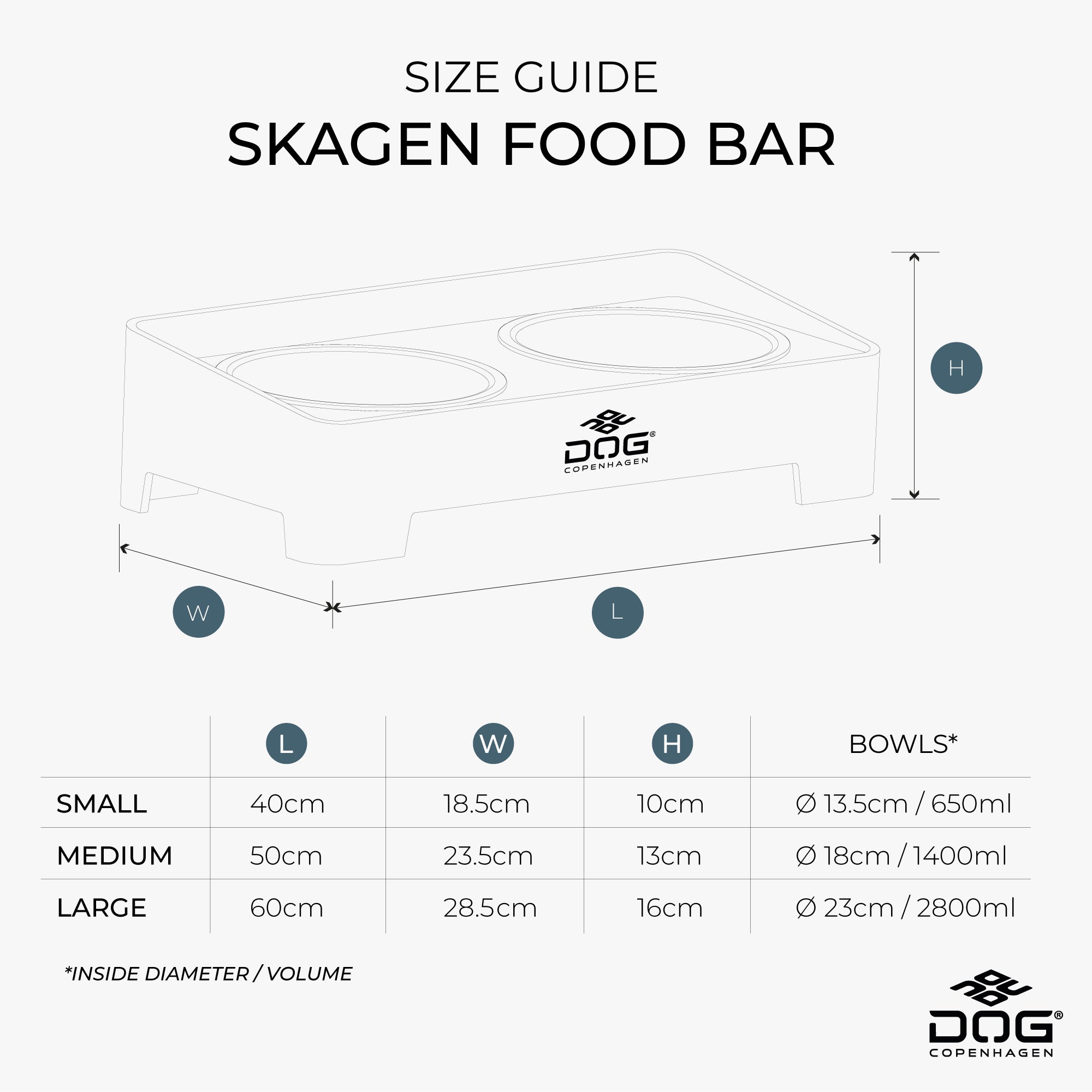 DOG Copenhagen Skagen Food Bar, størrelsesguide med mål for hver størrelse