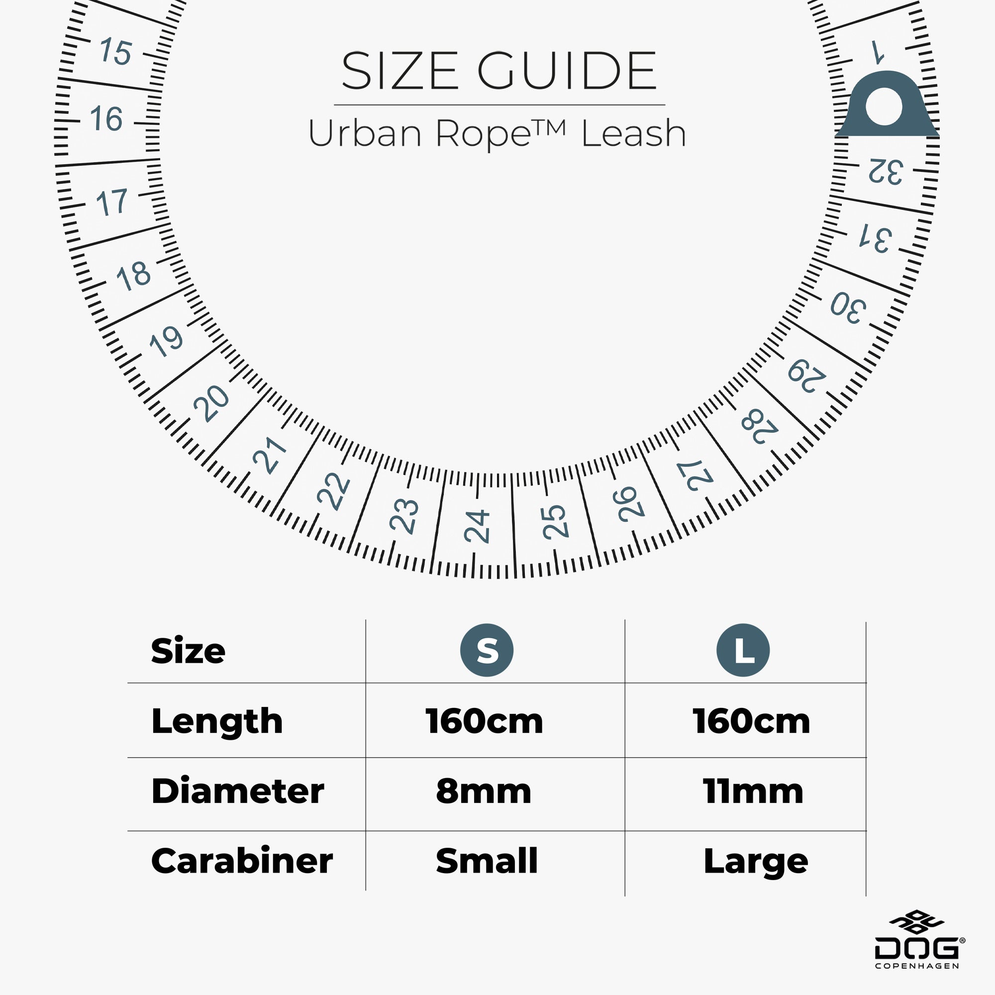 DOG Copenhagen Urban Rope™ line, størrelsesguide med mål for hver størrelse
