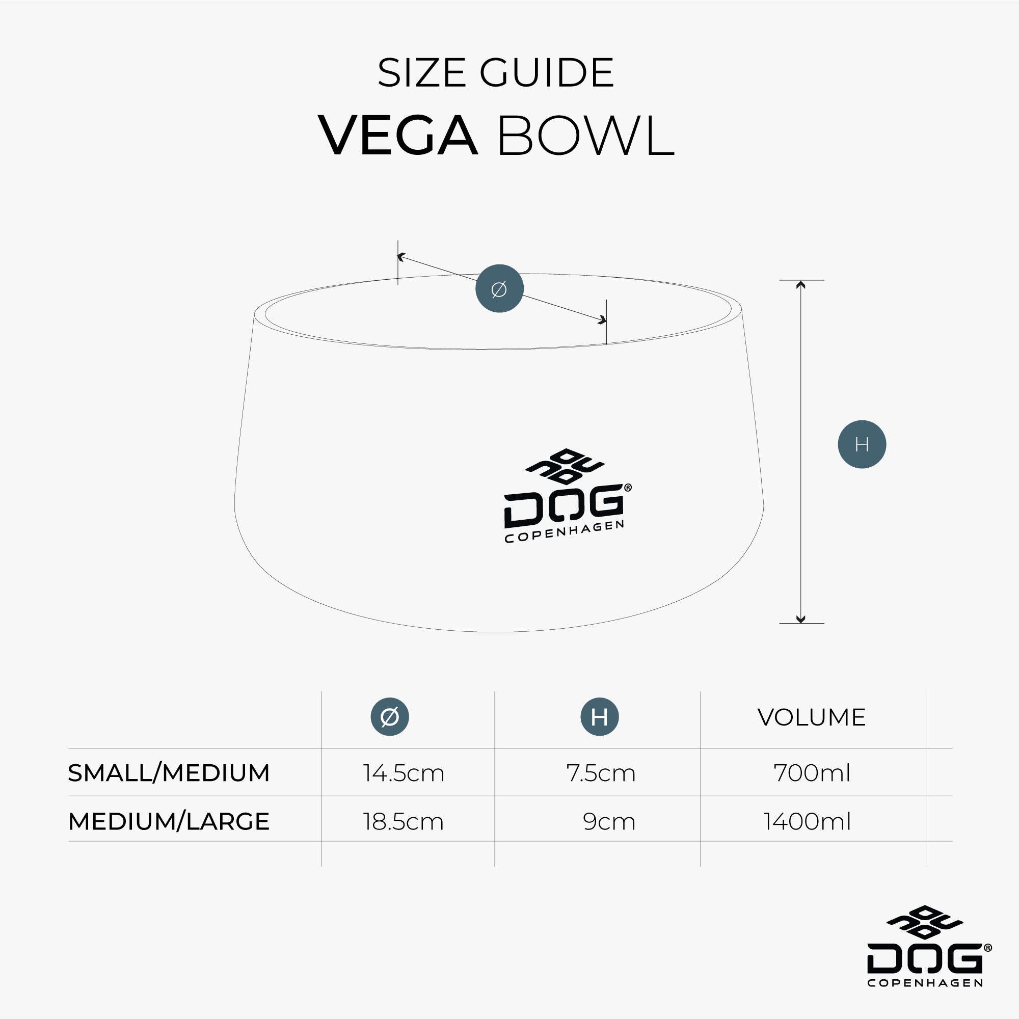 DOG Copenhagen Vega skål, størrelsesguide med mål for hver størrelse