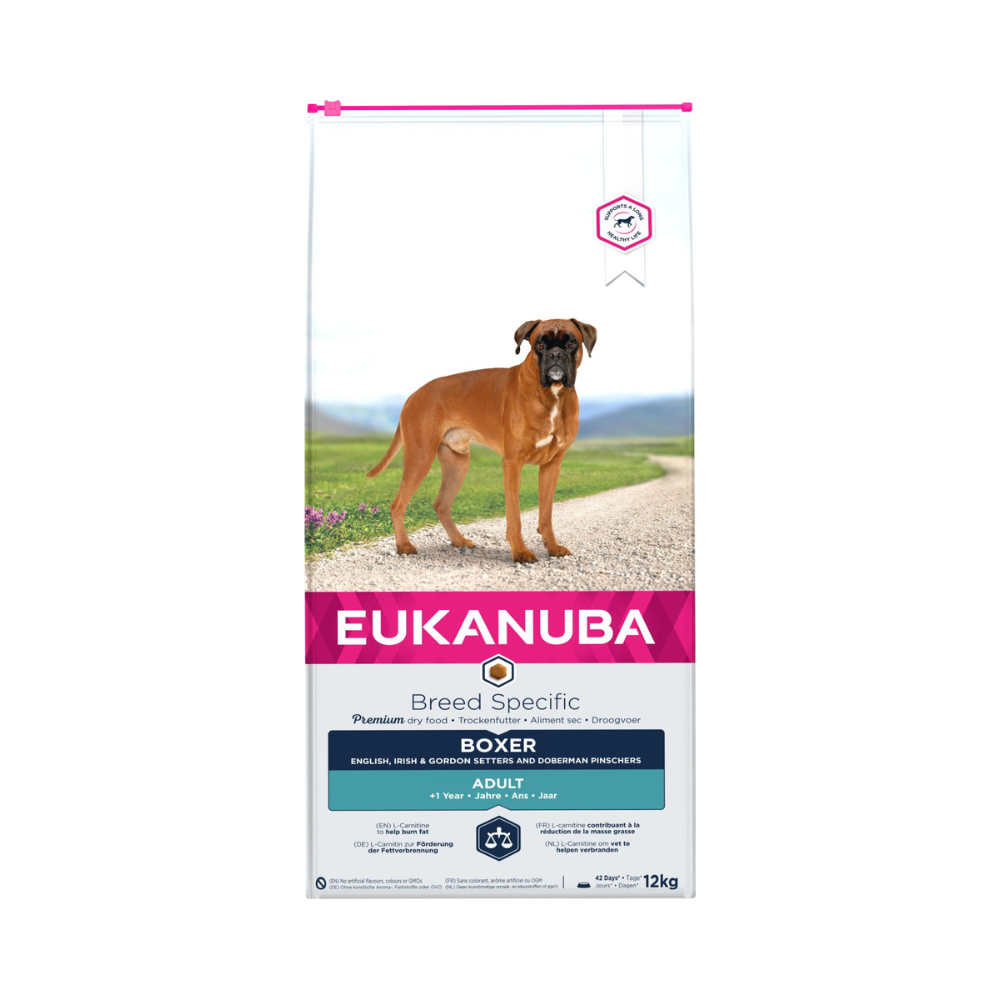 Eukanuba Boxer tørfoder til voksne boxere, 12 kg pose set forfra