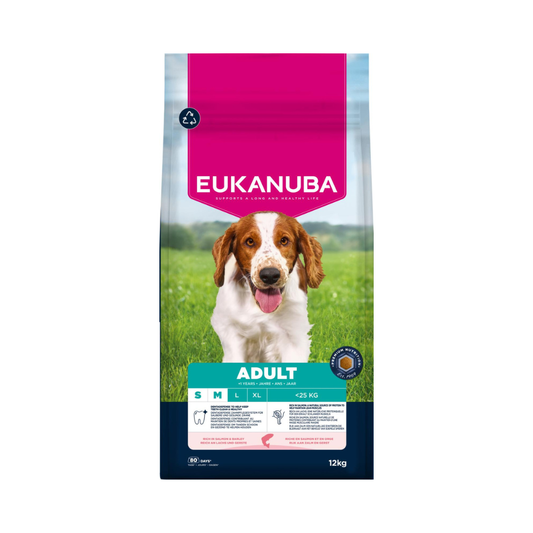 Eukanuba Adult Small/Medium Breed laks og byg hundefoder, 12 kg pose set forfra