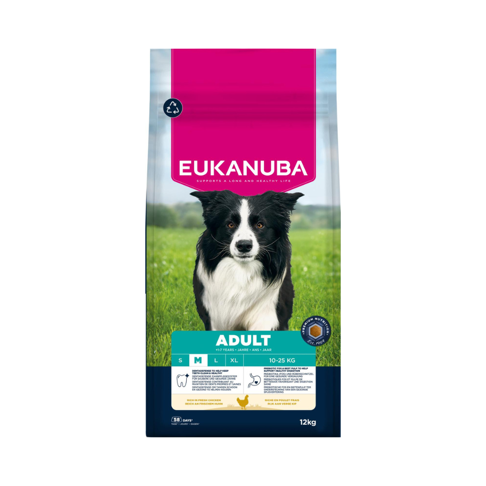 Eukanuba Adult Medium Breed kylling hundefoder, 12 kg pose set forfra