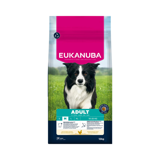Eukanuba Adult Medium Breed kylling hundefoder, 12 kg pose set forfra