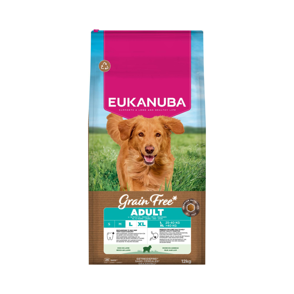 Eukanuba Grain Free Adult Large Breed lam, kornfrit hundefoder, 12 kg pose set forfra