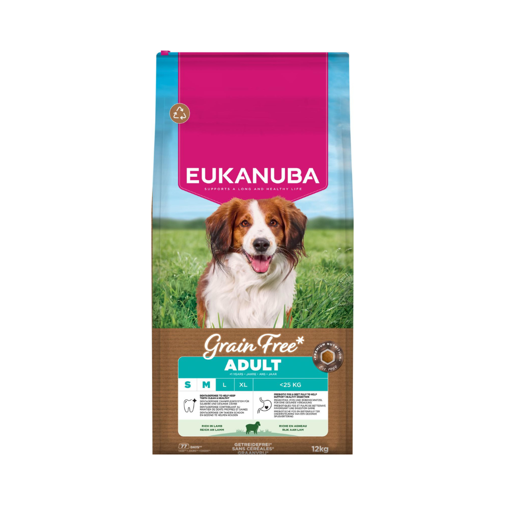 Eukanuba Grain Free Adult Small/Medium lam, kornfrit, 12 kg pose set forfra