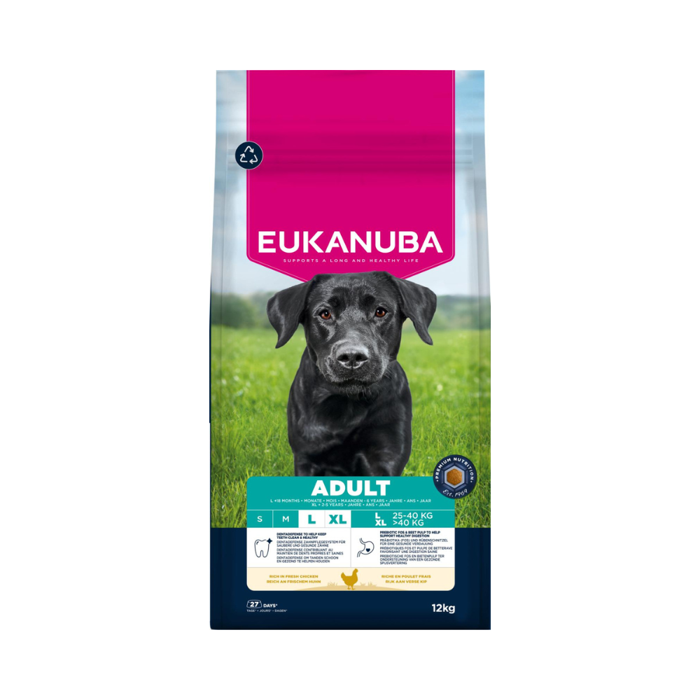 Eukanuba Adult Large Breed kylling hundefoder, 12 kg pose set forfra