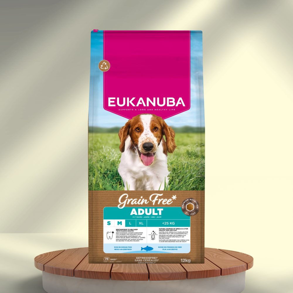 Eukanuba Grain Free Adult Small/Medium havfisk, kornfrit 12 kg, produktbillede