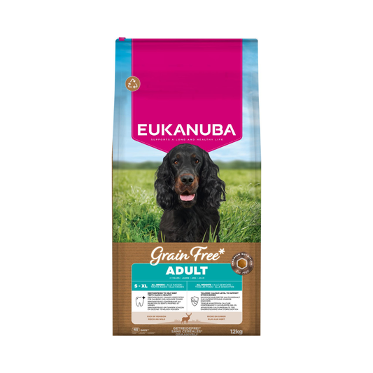Eukanuba Grain Free Adult All Breed vildtkød, kornfrit tørfoder til voksne hunde, 12 kg pose set forfra
