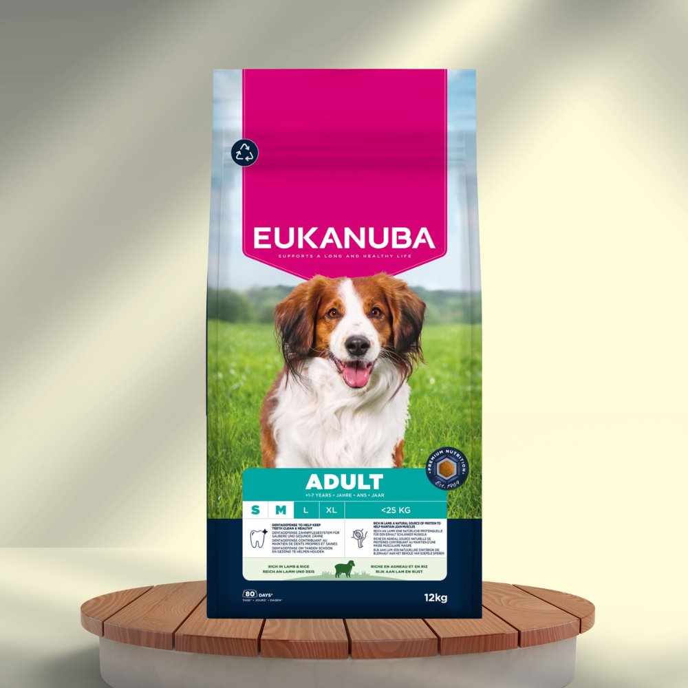 Eukanuba Adult Small/Medium Breed lam og ris hundefoder 12 kg, produktbillede