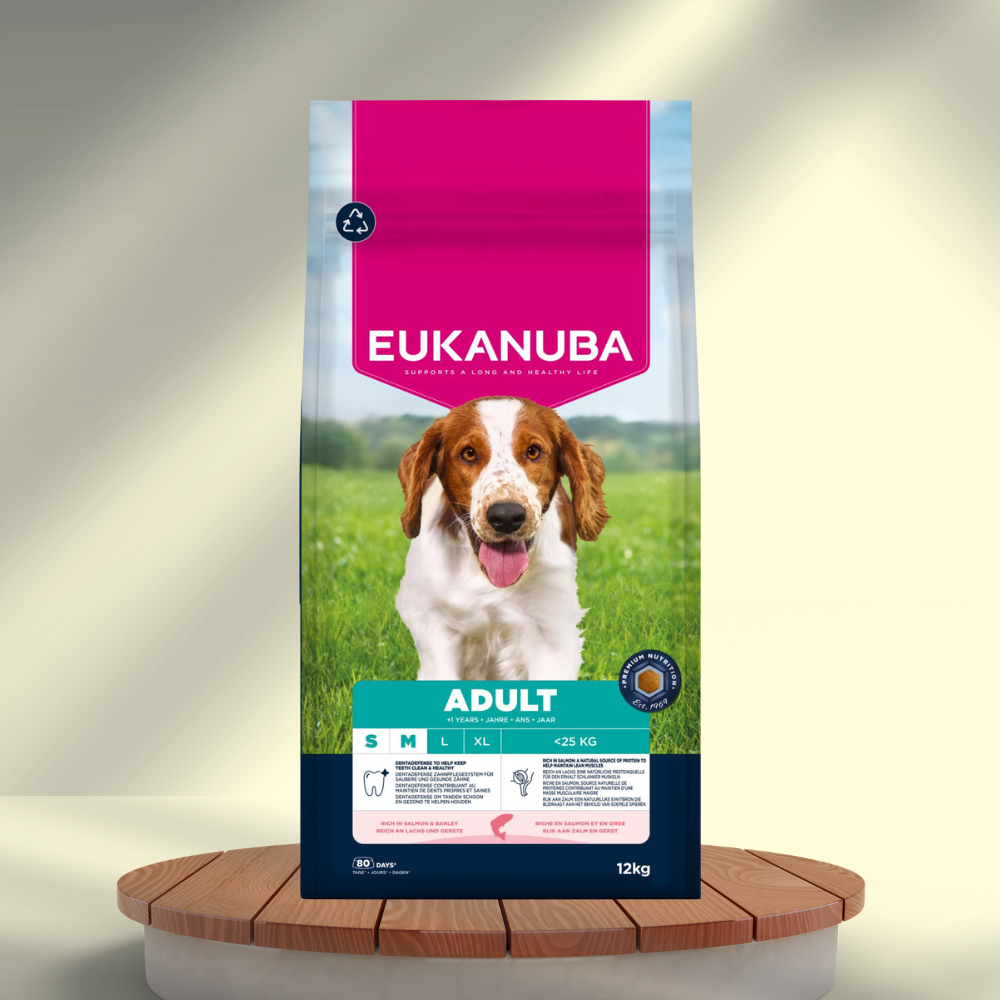 Eukanuba Adult Small/Medium Breed laks og byg hundefoder 12 kg, produktbillede
