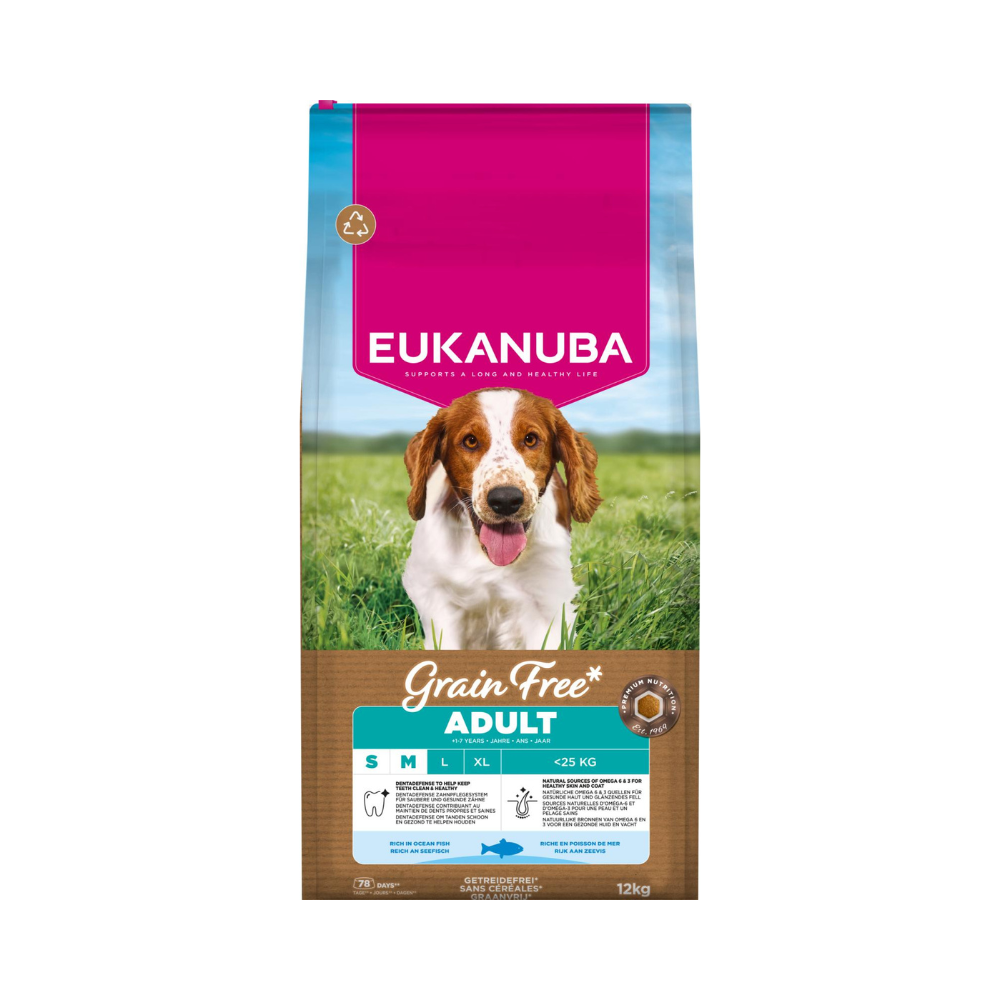 Eukanuba Grain Free Adult Small/Medium havfisk, kornfrit, 12 kg pose set forfra