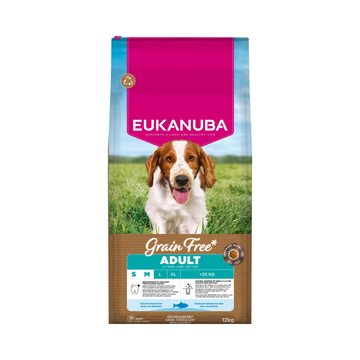 Eukanuba Grain Free Adult Small/Medium havfisk, kornfrit, 12 kg pose set forfra
