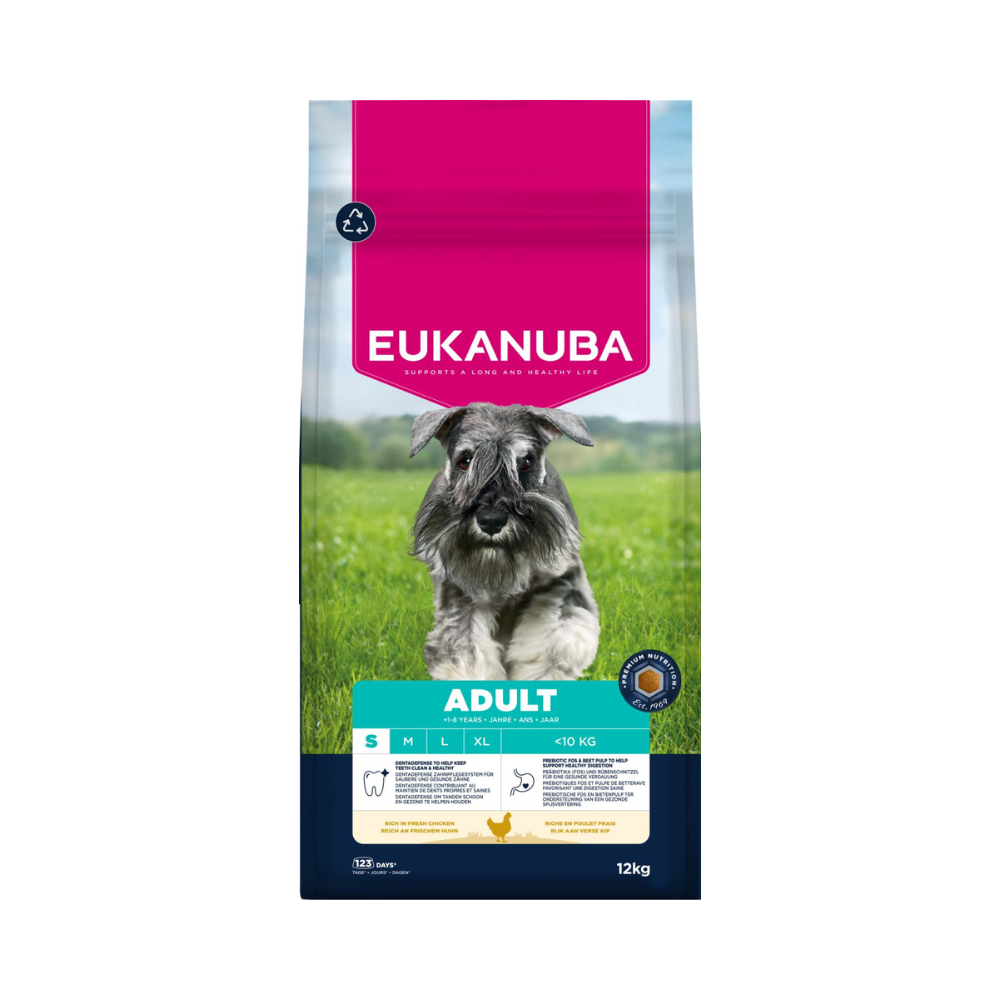 Eukanuba Adult Small Breed kylling hundefoder, 12 kg pose set forfra