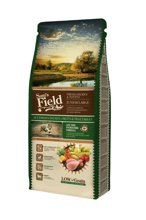 Sam's Field Junior Large 13 kg – posens forside, hvalpefoder med kylling til store racer