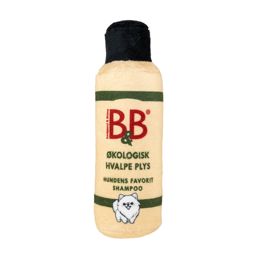 B&B Hvalpe Plys, hundelegetøj i plys formet som 250 ml B&B Hvalpe Shampoo, ca. 20 cm