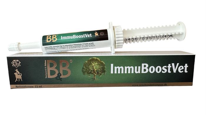 B&B ImmuBoostVet pasta med kolostrum til hund og kat, 15 ml, pakning set forfra