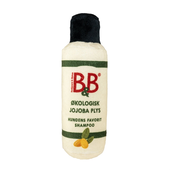 B&B Jojoba Plys, hundelegetøj i plys formet som 250 ml B&B Jojoba Shampoo, ca. 20 cm