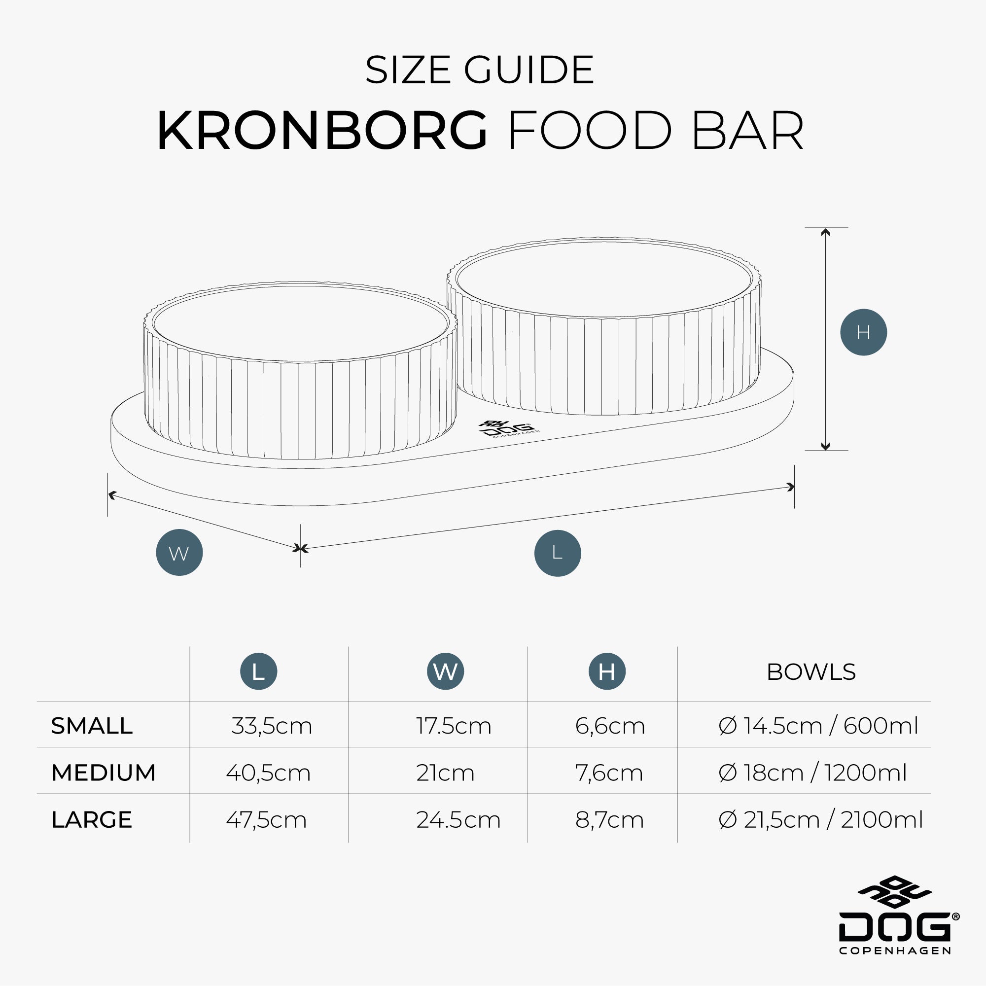 DOG Copenhagen Kronborg Food Bar, størrelsesguide med mål for hver størrelse
