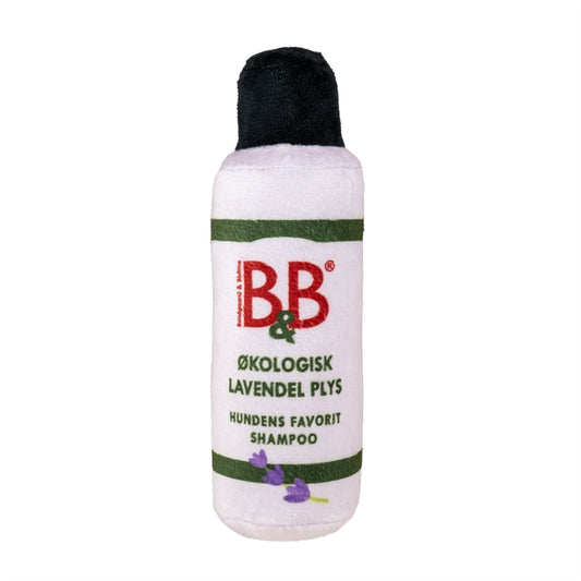 B&B Lavendel Plys, hundelegetøj i plys formet som 250 ml B&B Lavendel Shampoo, ca. 20 cm
