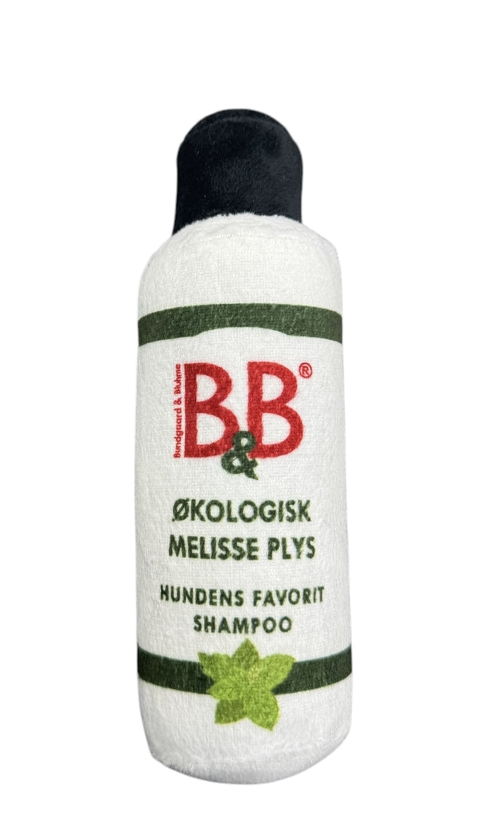 B&B Melisse Plys, hundelegetøj i plys formet som 250 ml B&B Melisse Shampoo, ca. 20 cm