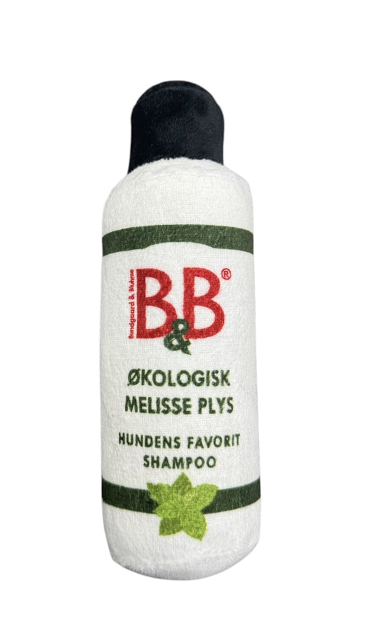 B&B Melisse Plys, hundelegetøj i plys formet som 250 ml B&B Melisse Shampoo, ca. 20 cm