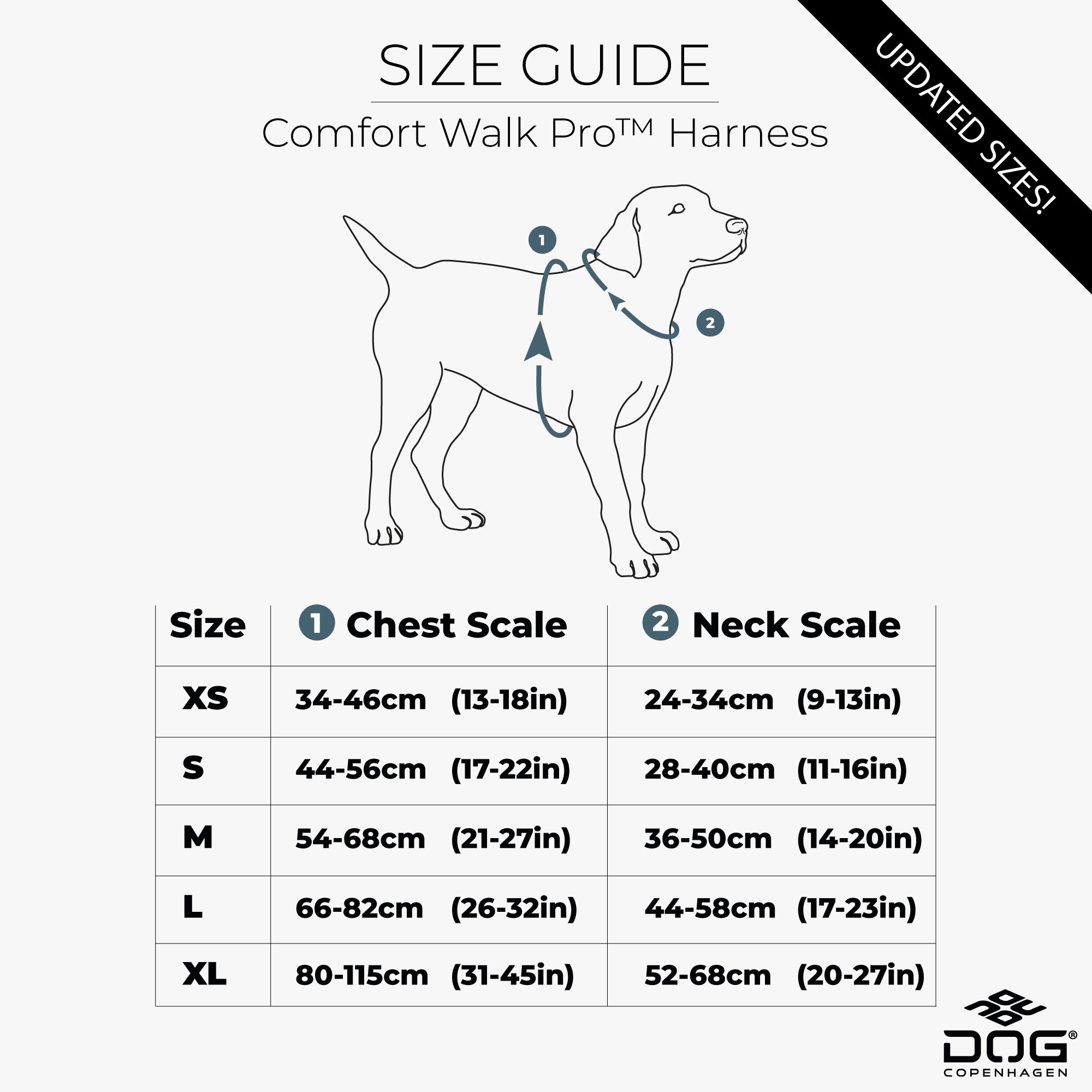 DOG Copenhagen Comfort Walk Pro™ sele, størrelsesguide med mål for hver størrelse