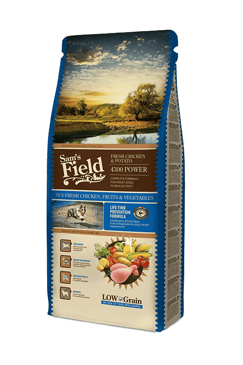 Sam's Field 4300 Power 13 kg – posens forside, energirigt tørfoder med kylling til aktive hunde