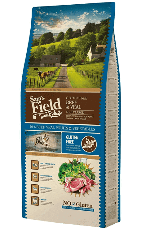 Sam's Field Adult Large Beef & Veal 13 kg – tørfoder med okse og kalv til store hunde, posens forside