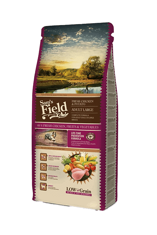 Sam's Field Adult Large 13 kg – posens forside, tørfoder med kylling til store hunde