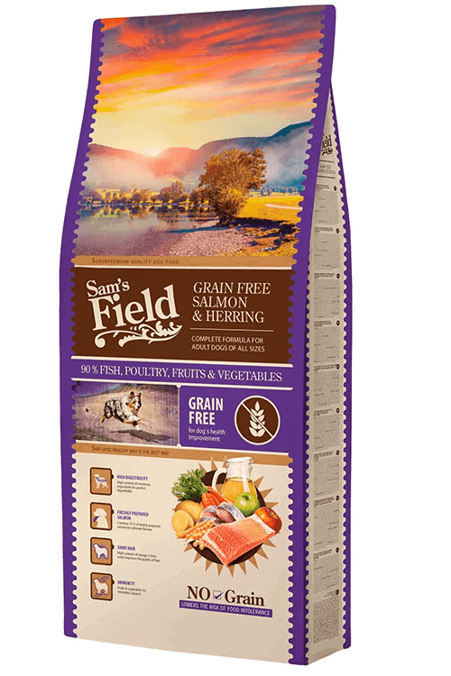 Sam's Field Grain Free Salmon & Herring 13 kg – kornfrit tørfoder med laks og sild, posens forside