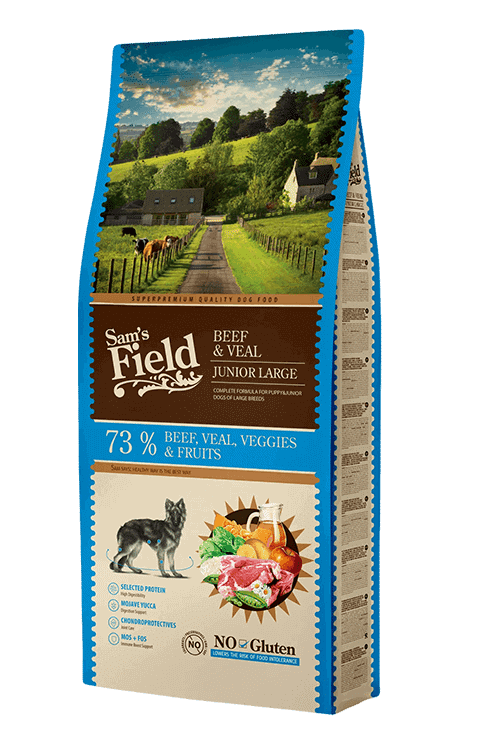 Sam's Field Junior Large Beef & Veal 13 kg – tørfoder til store hvalpe med okse og kalv, posens forside