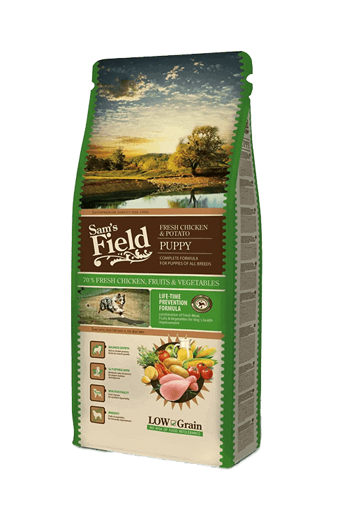 Sam's Field Puppy 13 kg – posens forside, hvalpefoder med kylling