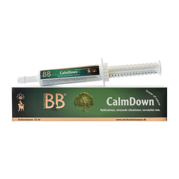 B&B CalmDown 32 ml flydende tilskud med magnesium til hund og kat, flaske og æske